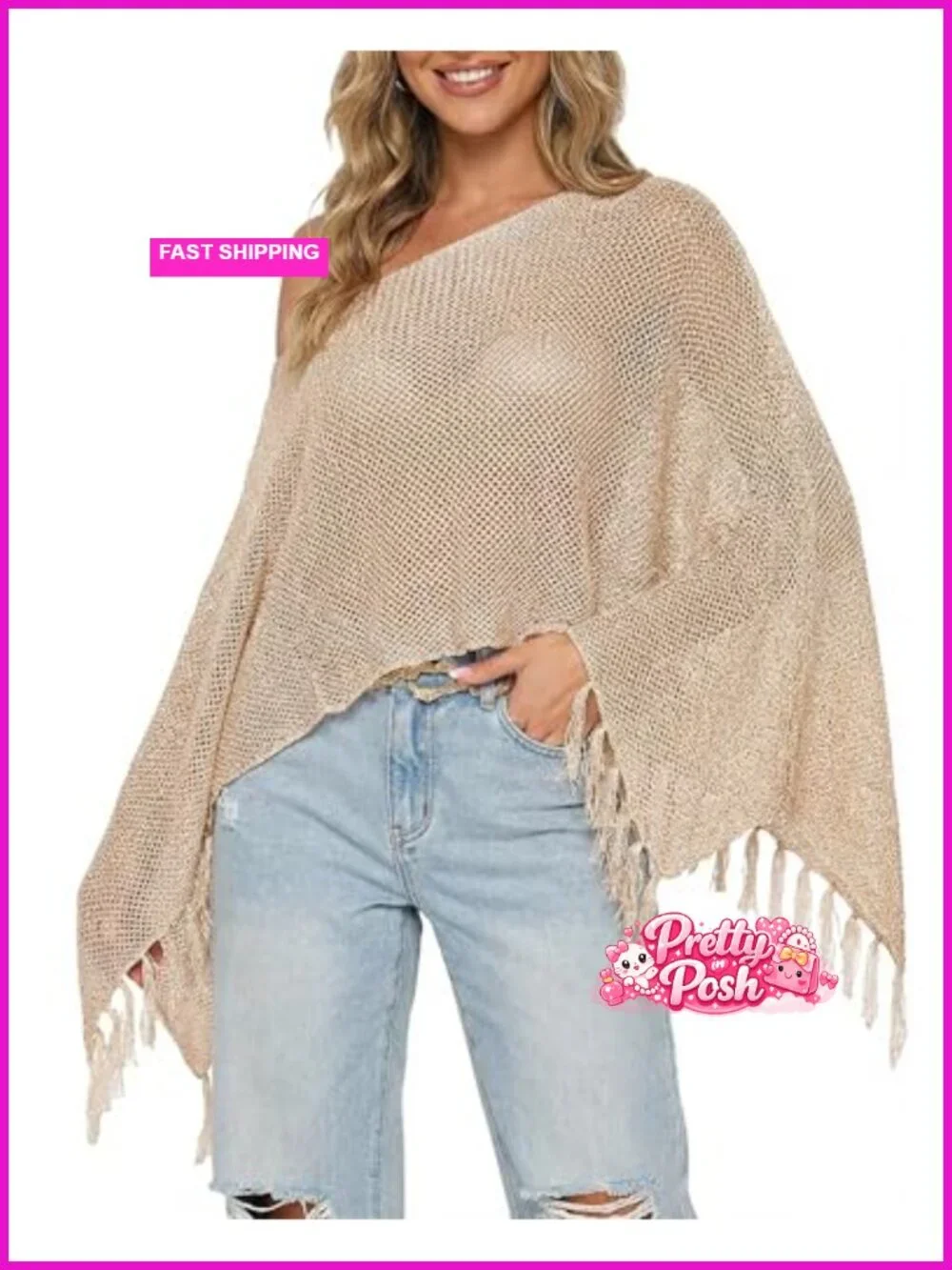 Sheer Knit Fringe Poncho Asymmetric One Shoulder Beach Cover Up